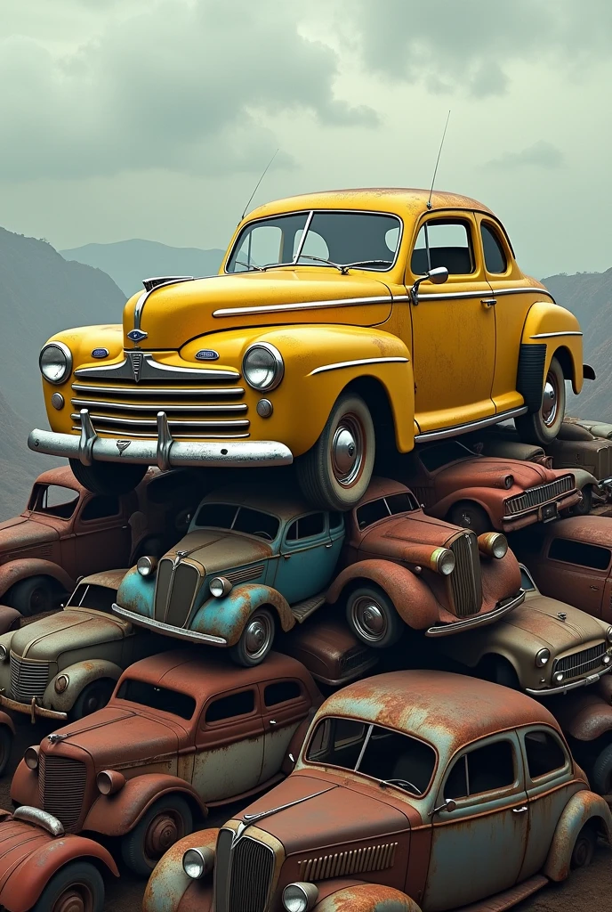 old yellow 1947 ford deluxe coupe on top of a mountain of old cars in a junkyard