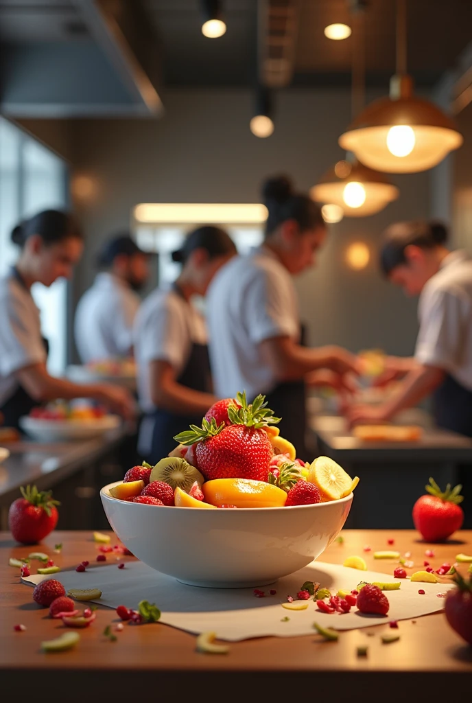 create a realistic kitchen team at the theikos açaí store preparing açaí 18k