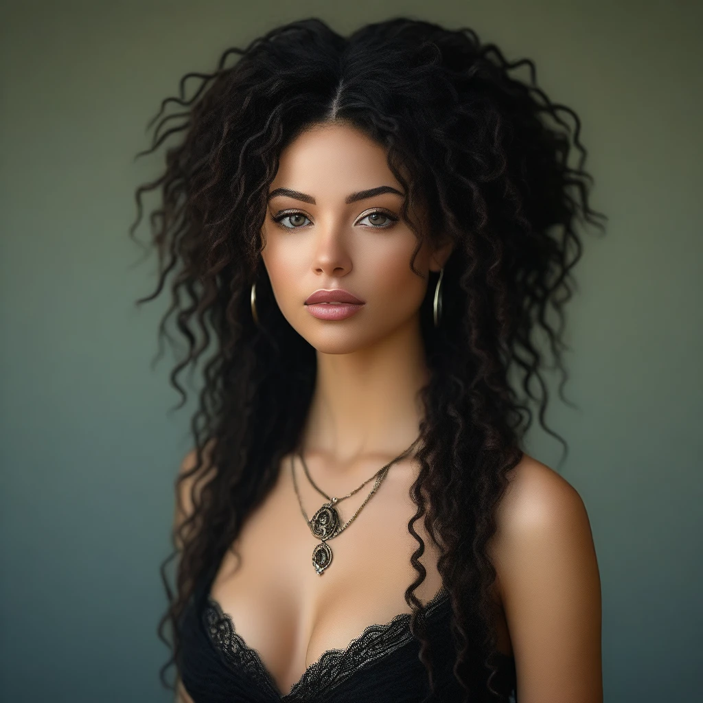 bellissima, 1girl, solo, long hair, breasts, looking at viewer, black hair, dress, jewelry, medium breasts, upper body, earrings, parted lips, necklace, blurry, lips, blurry background, curly hair, realistic, dreadlocks