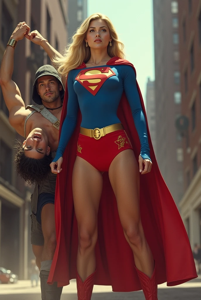 Helen Slater Supergirl (1984 Supergirl Costume), lifting a bandit man with one hand.