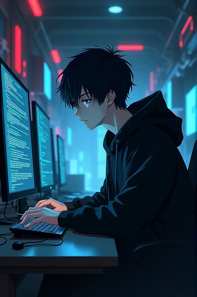 Dark boy as an anime style programmer 