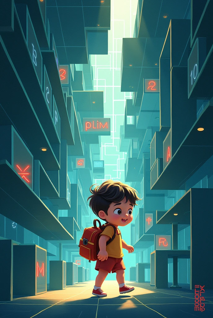 an image, that it be a child in a mathematical maze that has the phrase PLIM ,