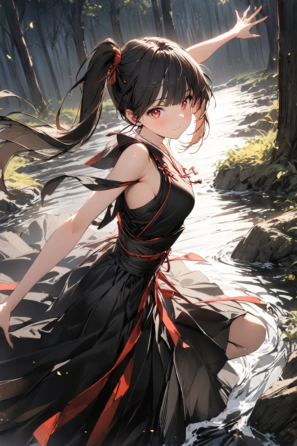 1girl, bangs,black long hair, side ponytail, gradient_eyes,red eyes, diamond-shaped pupils, miko girl, royal type shoulder off dress, Conceptual art, masterpiece, super detail, high details, high quality, best quality, highres,((dynamic angle)),((dynamic pose)),near the river,woods,