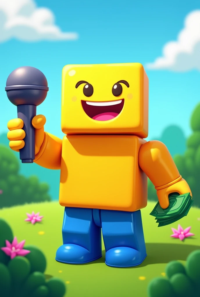 Make a yellow and blue Roblox human noob, holding a microphone in his right hand smiling and with a wad of money in his left hand, All drawn in cartoon style and very colorful and eye-catching, in a 800x800 pixel format, and has a green meadow in the background 
