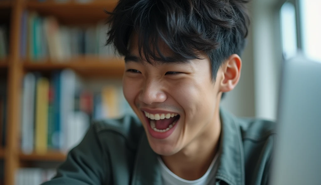 A Japanese male college student with a mashed hairstyle and stylish clothes is editing a video with a bright expression,Excited, Photo of your face, A room with a bookshelf in the background, with a natural look, With a slightly tired look, tilt your face a little, Diagonal orientation, Average face