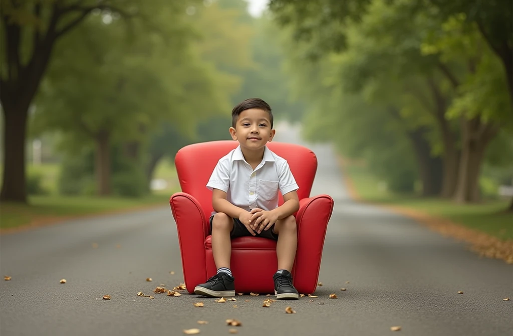 there is a young boy sitting in a red chair in the middle of a road, a portrait by James Warhola, shutterstock contest winner, art photography, cute boy, sitting in fancy chair, sitting in a chair, sat in his throne, sitting in chair, candid portrait photo, sitting on his throne, mid portrait, sitting on chair, closeup portrait shot