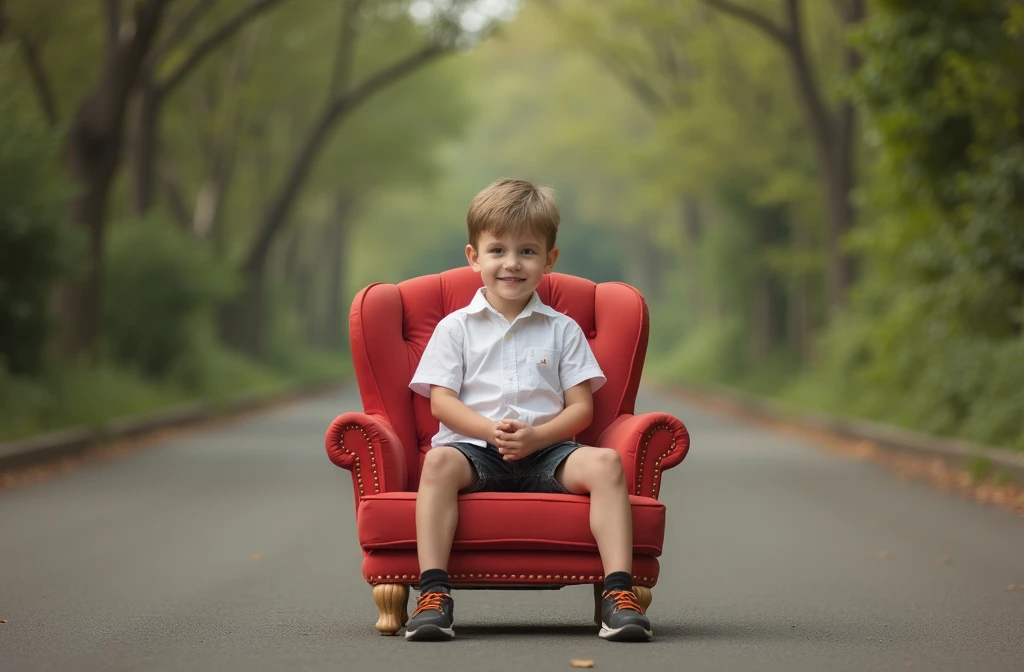 there is a young boy sitting in a red chair in the middle of a road, a portrait by James Warhola, shutterstock contest winner, art photography, cute boy, sitting in fancy chair, sitting in a chair, sat in his throne, sitting in chair, candid portrait photo, sitting on his throne, mid portrait, sitting on chair, closeup portrait shot