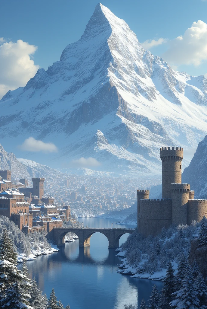 Snowy huge mountain in city.and sea with bridge in winter.and old castles