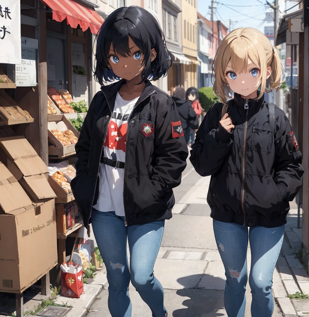 2 female, darker skin, as a , child black jacket, jeans, small legs, lightest blue eyes, red twin tail hair, twin, city, store