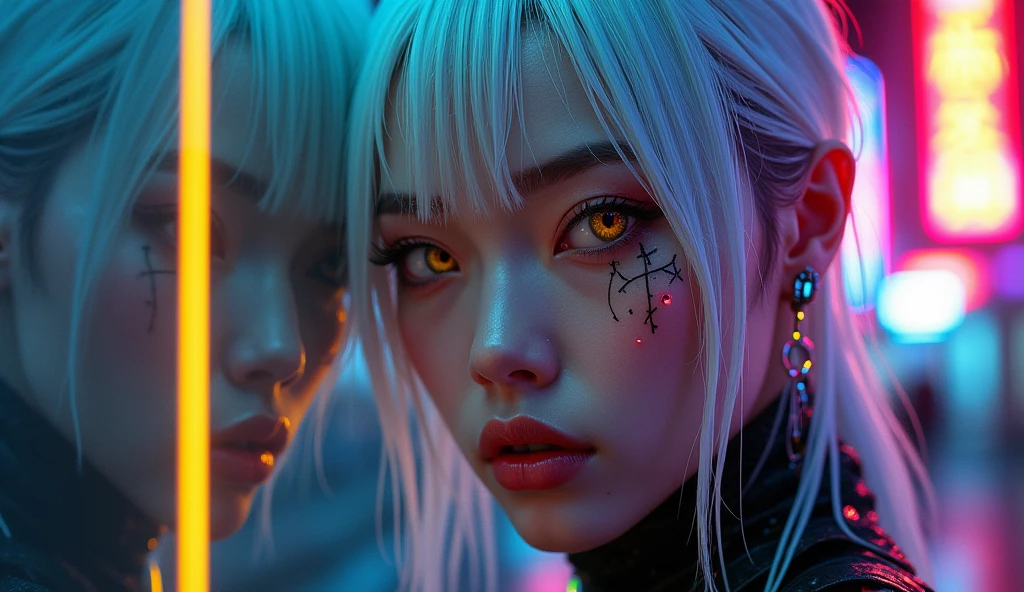 Female Asian 22 year, white hair soon parted, amber eyes, cybernetics in eyes, scar on left eye, left arm with few cybernetics, neon cyberpunk jacket overcoat clothing, tattoo with family symbol on forearm, night alley background, neon reflection on Walter, Pose for a mirror, Focus on the face, high details at the injured arms, raindrops and on the right arm which is a sharp yellow line, yellow line with shock coming out of nails, face with evil smiles