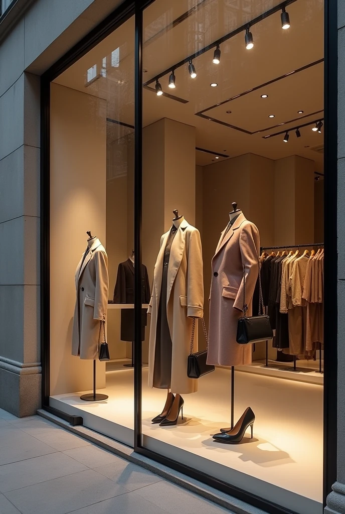 grande boutique de vêtement de luxe , classe sobre luxeuse, thème années 2000, vitrine vêtement femme classe manteau robe chaussure sac