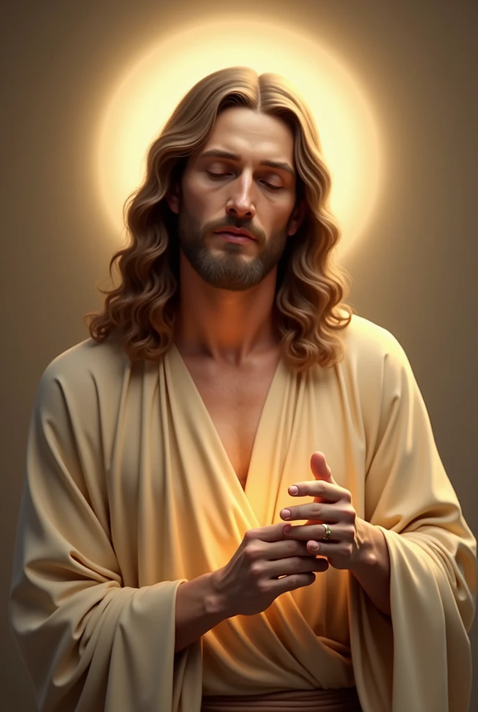 “Image of Jesus Christ depicted from the waist up. He is wearing a simple robe with a visible neckline. His serene and compassionate expression is the focal point, with his long, wavy hair gently framing his face. A soft halo of light surrounds his head, and his hands rest gently in front of him, one hand slightly raised as if in blessing. The background is soft and minimal, allowing the warmth and gentle light that surrounds him to emphasize the peaceful aura of the scene.”
