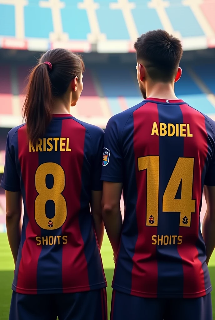 Woman and man from behind looking forward wearing the original Barcelona shirts with the numbers 8 and 14 with the names Kristel and Abdiel with the girl's hair tied to one side and jeans in a football stadium and the man without a beard