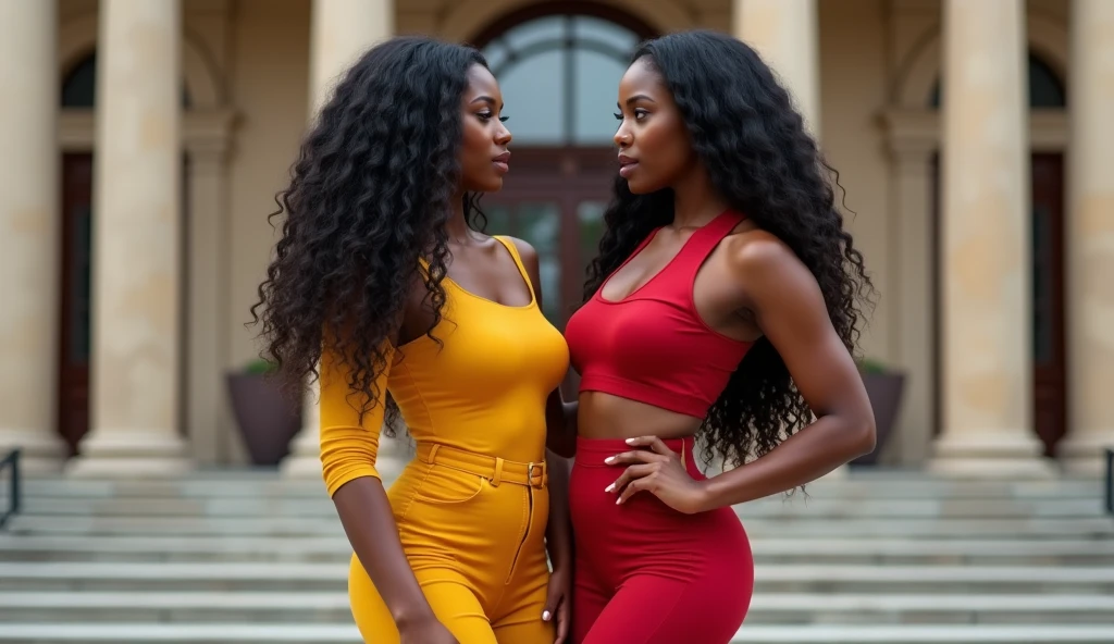 Two 20-year old sexy busty Nigerian female university students, standing outside their lecture hall.