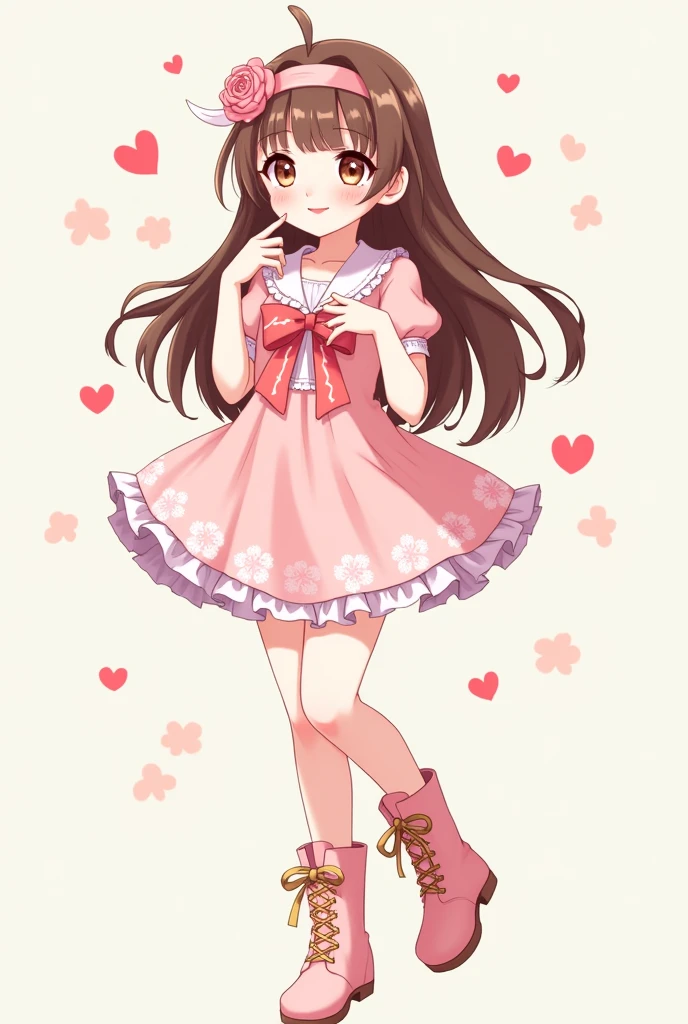 Create an image of a woman with long brown hair, brown eyes, white skin, a little pink dress, a headband with a flower, a pink flower with pink details, boots with gold details and a little bit of rose, make it really cute, easy, kawaii and she is surprised.