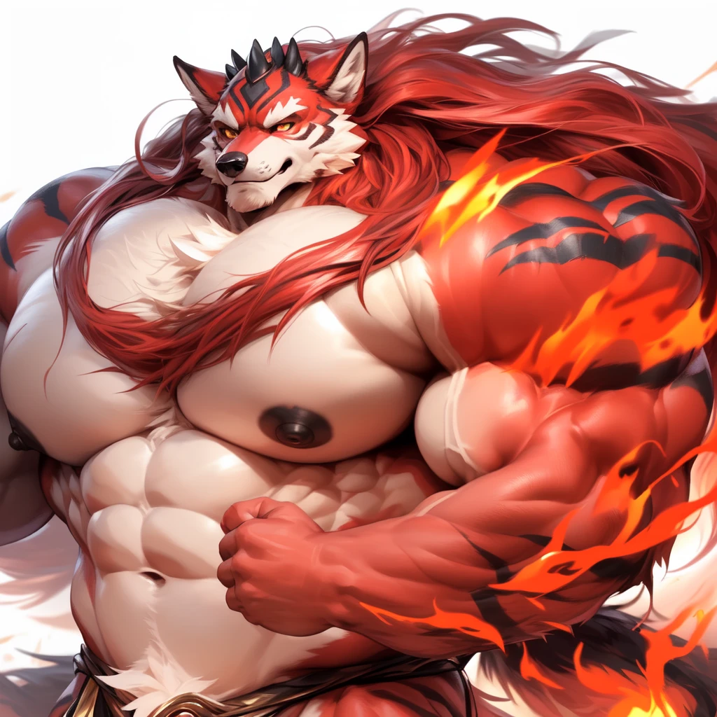dilmordo (upload on e621) (Masterpiece) (by Pino Daeni) (by null-ghost) (by kiyosan) (best quality) (ultra high res) 4K (8k HD) 2D (perfect anatomy) (digital art) (official art) (extreme detailed) (ultra detailed) (strapsanime) color (soft shading) (sharp focus) (forest woods background) 1man red body fur tan belly detailed fluffy fur (ultra detailed face) detailed eyes detailed iris eyes detailed golden yellow eyes (white sclera) black pupils big navel abs bare pectoral (((red and tan chest tuft on his chest))) (((huge black shiny nipples))) black claw nails furry wolf male mature male red giant bulky muscular body fur giant size canid (((several black stripes marking both his arms))) (((huge muscles))) (((hyper muscles:1.3))) huge pecs (((oversize pecs:1.3))) huge biceps (((giant biceps:1.3))) (((fullbody))) canine canis mammal powerful wolf divine beast wolf male fierce face badass wolf anthro solo standing (((red longest flowing length hair:1.3))) (((red longest flowing length back fur hair:1.3))) (((best longest red flowing hair:1.3))) (((added three black horns on head))) (((three black horns on his head))) (((perfect fingers))) (((five fingers))) (((red hands and fingers))) (((red wolf ears))) (((red long wolf tail))) (((tan on his tail tip))) (((gray loincloth))) (((excessive fire aura flow entire body)))