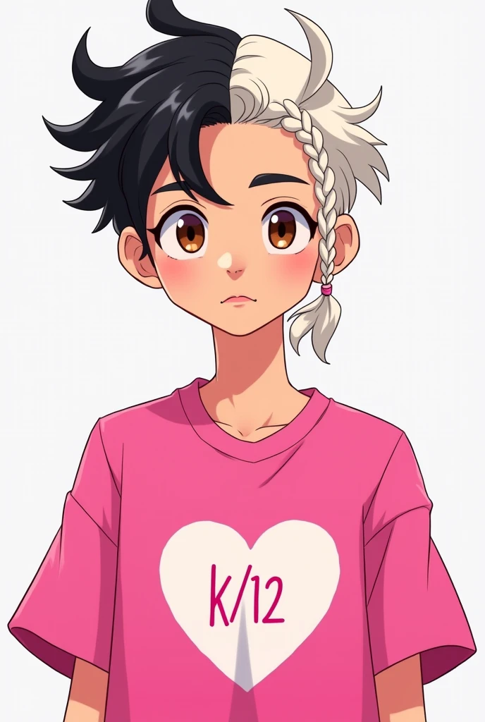 Gender:male Skin:Clear Eyes:brown Style:2D Drawing Hair:hair parted in the middle with one side black and one side white, in addition a braid on each side with the respective color of the hair side Body:high Clothes:a hot pink shirt with light pink puff sleeves and a white heart in the middle of the shirt with the writing "K- 12"