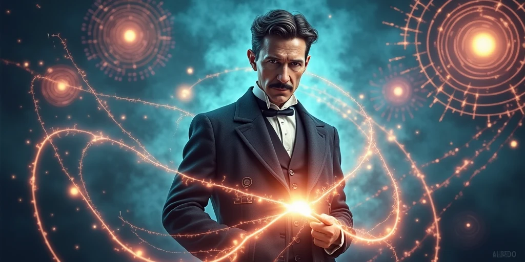 Portrait of Tesla: Use an image of Nikola Tesla, ideally one of the most iconic, like the famous photo of him with a background of electric light or lightning. This helps to highlight the central figure of the video..
Technological Elements: Include symbols related to Tesla's inventions and contributions, like the Tesla coil, radio waves or stylized images of electricity. This can give a dynamic look and emphasize the impact of your findings..
dramatic background: Use a dark background or an electric gradient with light effects to create a striking contrast.. This can convey the idea of innovation and energy..
Featured Title: Put the title “Nikola Tesla: The Visionary Genius Who Changed the World” in a large, clear font. Use colors that contrast well with the background, perhaps an electric or metallic tone.
Additional Elements: if possible, add graphics or small icons that represent your inventions, such as wireless power transmission or fluorescent lighting.
