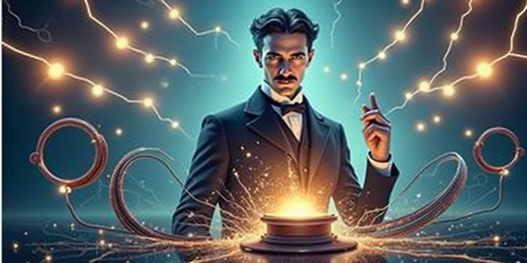 Portrait of Tesla: Use an image of Nikola Tesla, ideally one of the most iconic, like the famous photo of him with a background of electric light or lightning. This helps to highlight the central figure of the video..
Technological Elements: Include symbols related to Tesla's inventions and contributions, like the Tesla coil, radio waves or stylized images of electricity. This can give a dynamic look and emphasize the impact of your findings..
dramatic background: Use a dark background or an electric gradient with light effects to create a striking contrast.. This can convey the idea of innovation and energy..
Featured Title: Put the title “Nikola Tesla: The Visionary Genius Who Changed the World” in a large, clear font. Use colors that contrast well with the background, perhaps an electric or metallic tone.
Additional Elements: if possible, add graphics or small icons that represent your inventions, such as wireless power transmission or fluorescent lighting.