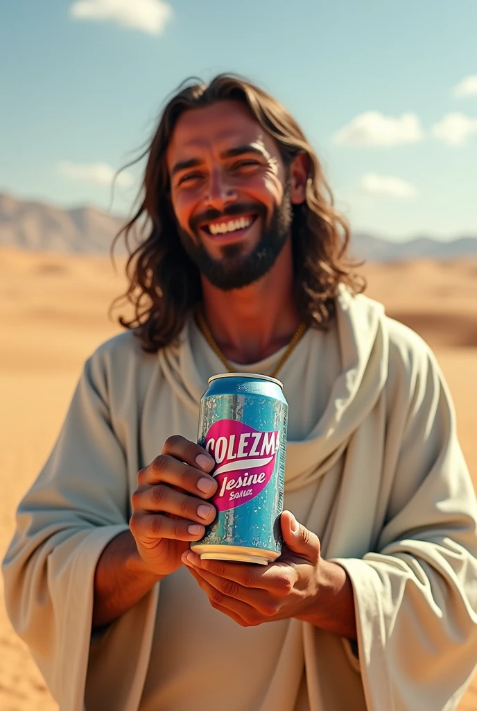 "Create a realistic photo of Jesus Christ smiling while holding a can of soda labeled 'Jesus,' with the can in blue, pink, and silver colors. The setting should be a desert."