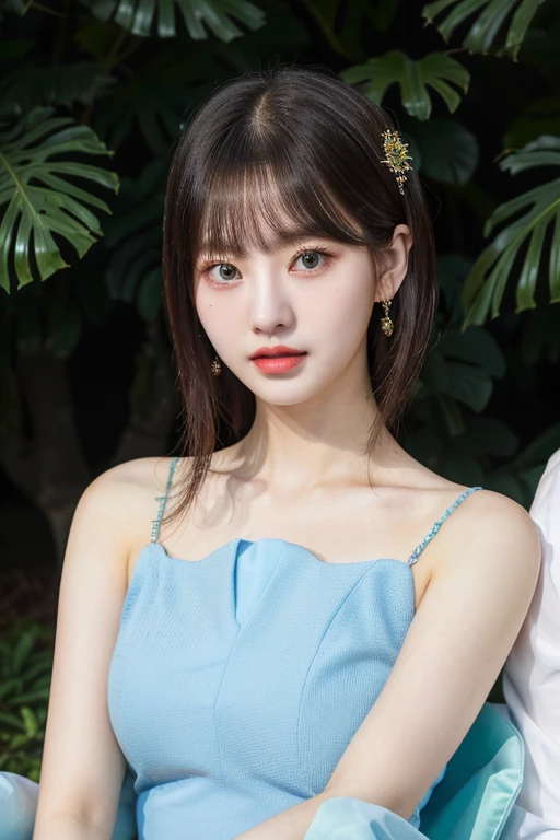 A close-up of a woman in a blue dress sitting and green natural eyes., lalisa manobal, Lalisa Manoban of Blackpink, ruan jia beautiful!, Hwang Se - En, Jaeyeon Nam, dilraba dilmurat, portrait of female korean idol, parque me, korean idol, Jinyoung Shin, beautiful south korean woman, pale korean adorable face