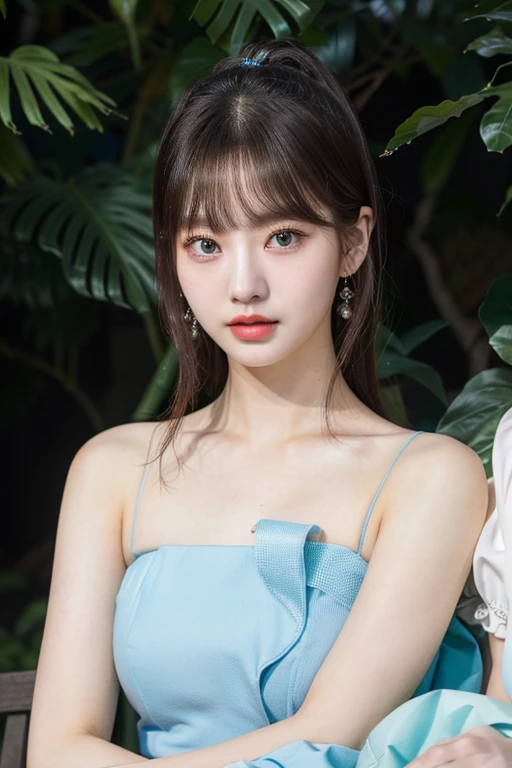 A close-up of a woman in a blue dress sitting and green natural eyes., lalisa manobal, Lalisa Manoban of Blackpink, ruan jia beautiful!, Hwang Se - En, Jaeyeon Nam, dilraba dilmurat, portrait of female korean idol, parque me, korean idol, Jinyoung Shin, beautiful south korean woman, pale korean adorable face