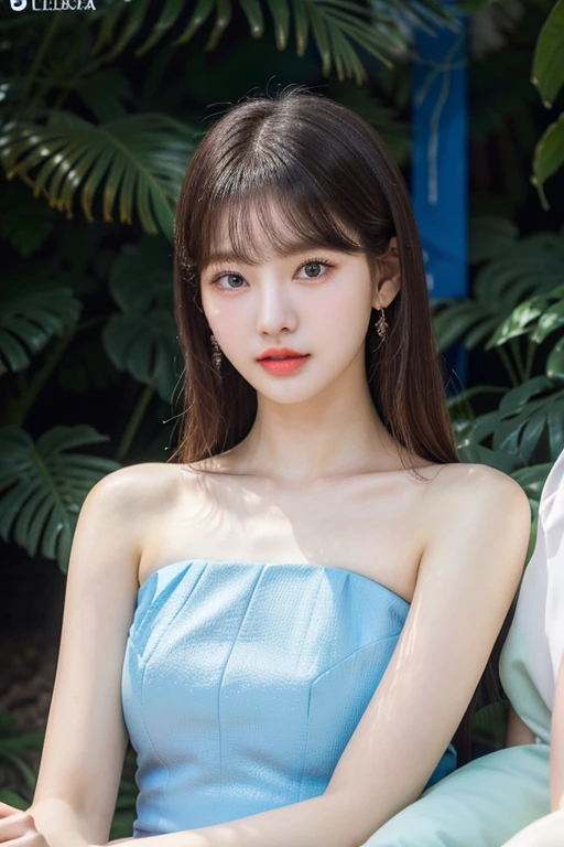 A close-up of a woman in a blue dress sitting and green natural eyes., lalisa manobal, Lalisa Manoban of Blackpink, ruan jia beautiful!, Hwang Se - En, Jaeyeon Nam, dilraba dilmurat, portrait of female korean idol, parque me, korean idol, Jinyoung Shin, beautiful south korean woman, pale korean adorable face