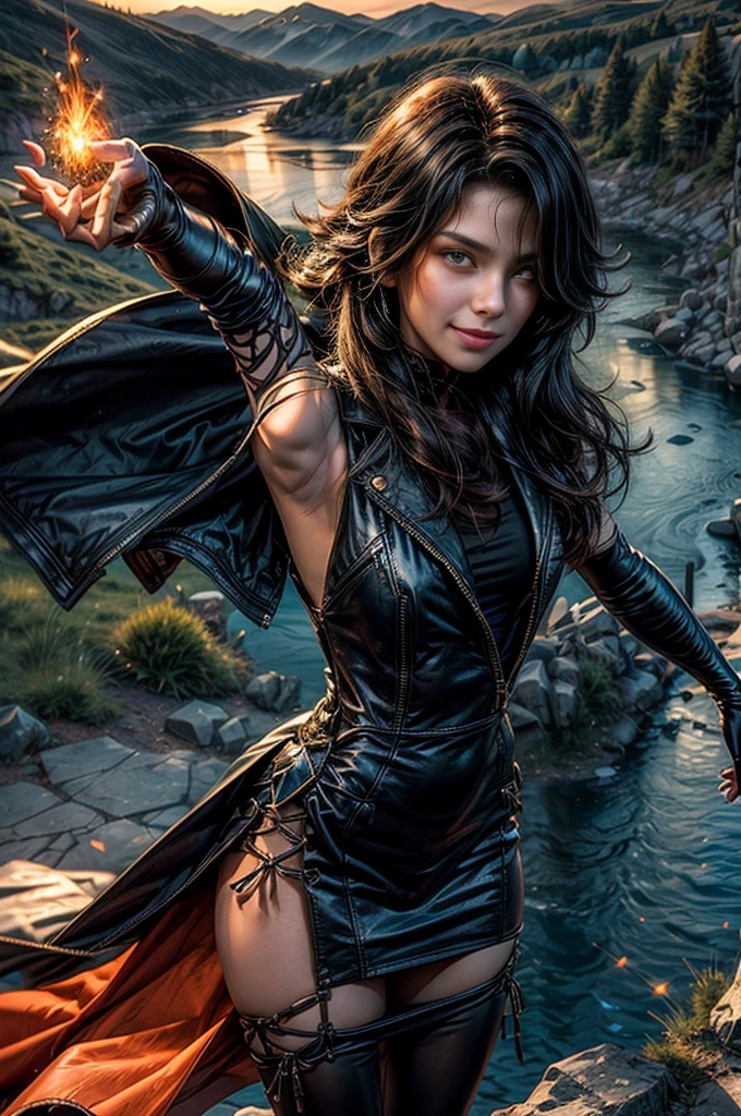 (masterpiece, best quality:1.2), cowboy shot, solo, 1girl, cinder fall, evil smile, looking at viewer, long hair, black dress, sleeveless jacket, elbow gloves, pantyhose, outdoors, standing at wedding reception, on mountainside, overlooking valley, river, flame in hand, spectators, crowd (volumetric lighting), sharp focus, hyper detailed