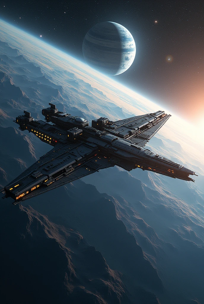 A creation depicting a space station orbiting a planet in the vacuum of space