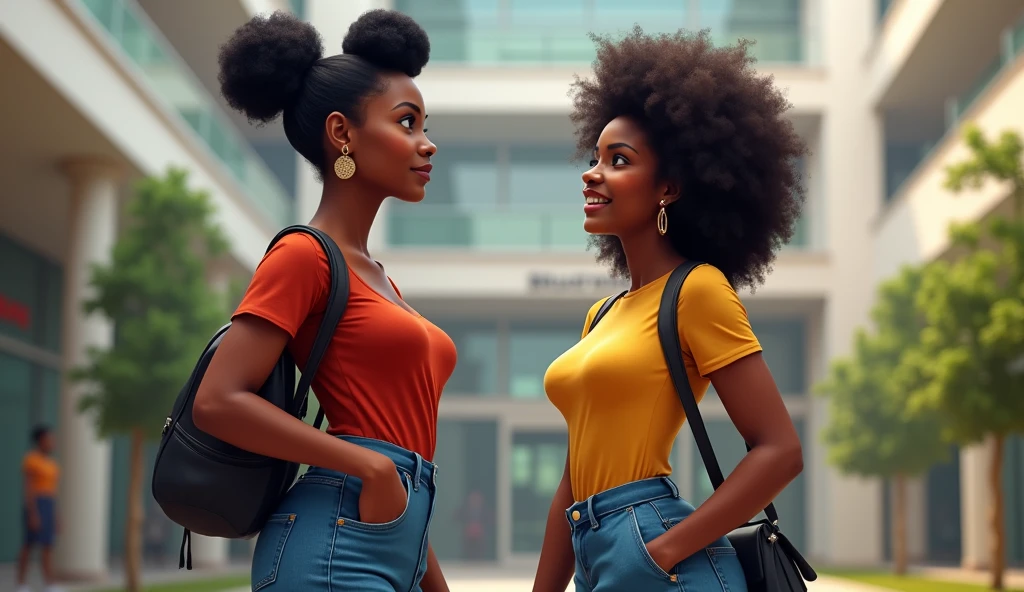 Two 20-year old sexy busty Nigerian female university students, standing outside their lecture hall, discussing