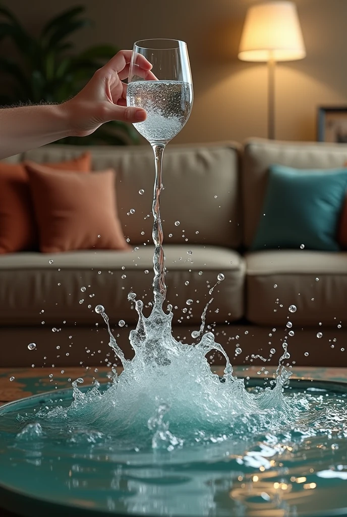  throwing water on the waterproofed sofa with a glass