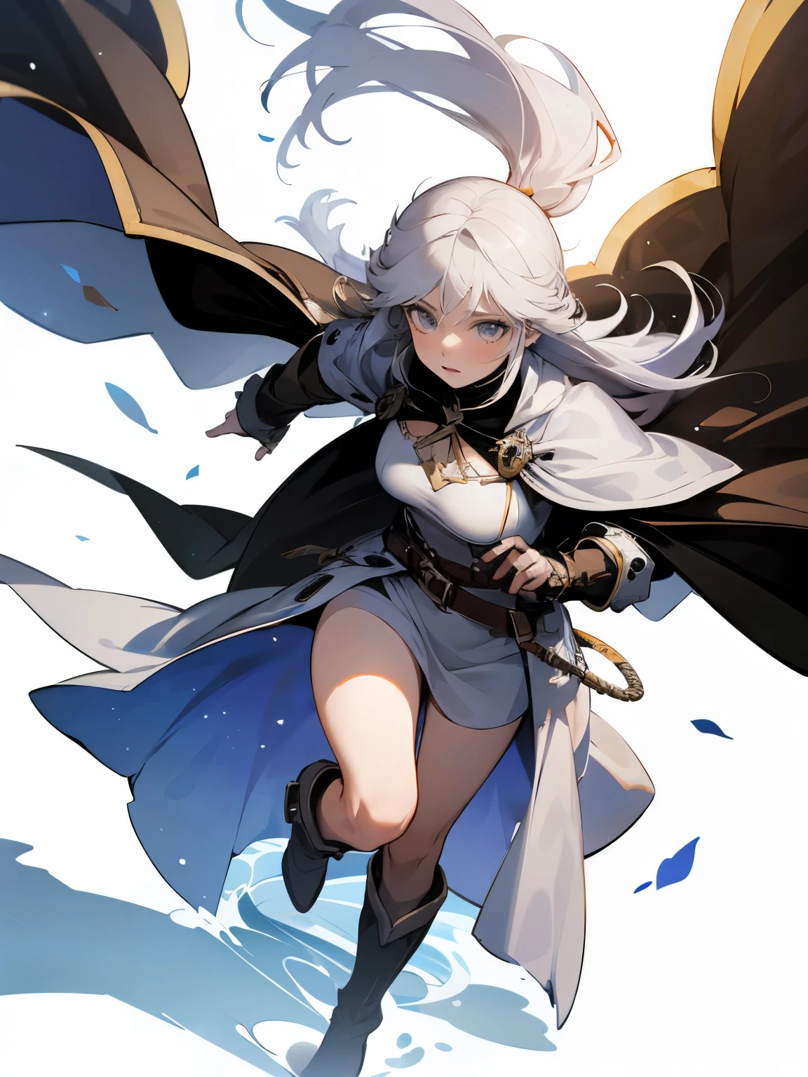 1female, White Battle Dress, Silver Pauldrons, Flowing Cape, Knee-High Boots, Leather Belt