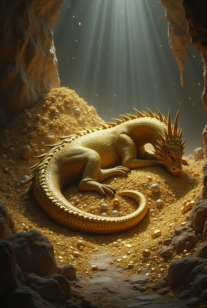 An image of the dragon Smaug lying on his mountain of treasures, with golden scales shining and an expression of rest or disdain on his face.