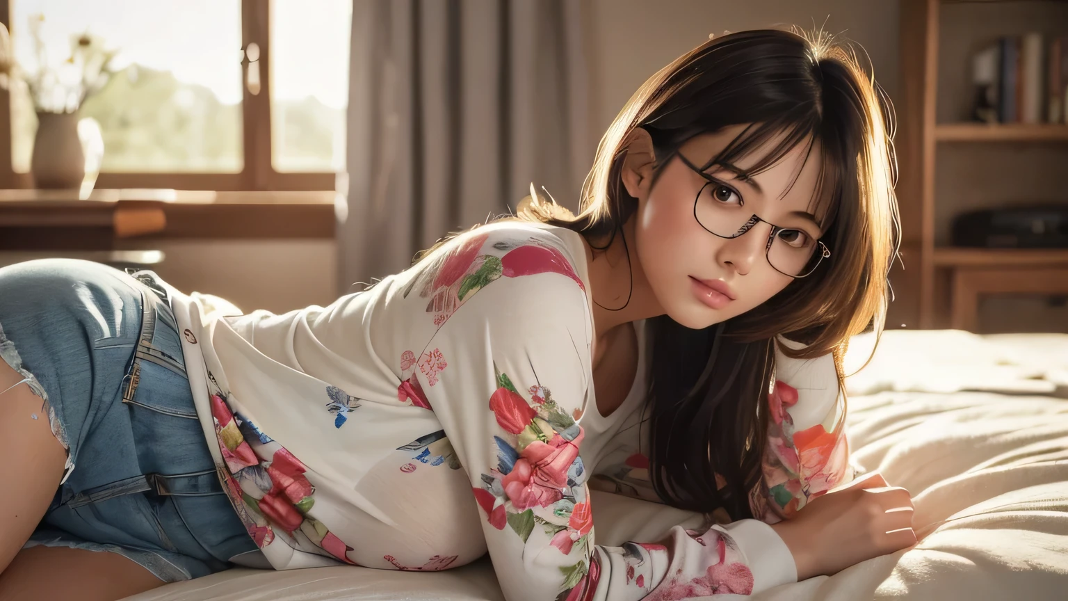 Photorealistic, (close up:1.3, exposed face), wide angle, (seen from below), a japanese young hot woman wearing wet (long sleeve (floral t-shirt:1.2), oversized t-shirt, hotpants), a hyperrealistic beautiful young hot woman with grayish blue eyes in glasses, natural sagging round breast, high detailed official artwork, beautiful woman with slim fit body and busty posture, long legs, attractive young woman, (atractive sitting poses:1.3, crossed arm holding the round breast up), sitting on a bed with soft, messy blankets in a cozy bedroom, natural light coming through a window, rainy day, dubnitskiy david fanart, realistic portrait, smooth photorealistic, perfect visual of a cute woman, cute woman with soft skin and delicate facial features, face focus, makoto shinkai and artgerm style, photon mapping, warm color tones, vivid colors, cozy ambient, serene atmosphere.