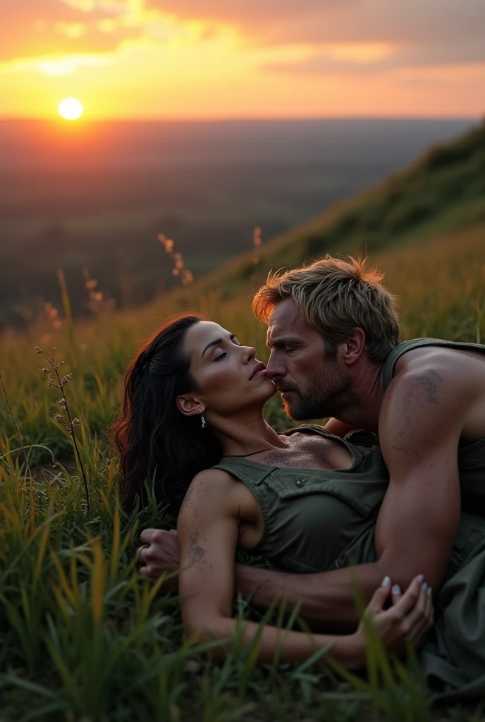 a woman in dirty clothes and long dark hair with a strong military man with blond hair lying on the grass on top of a hill watching the sunset