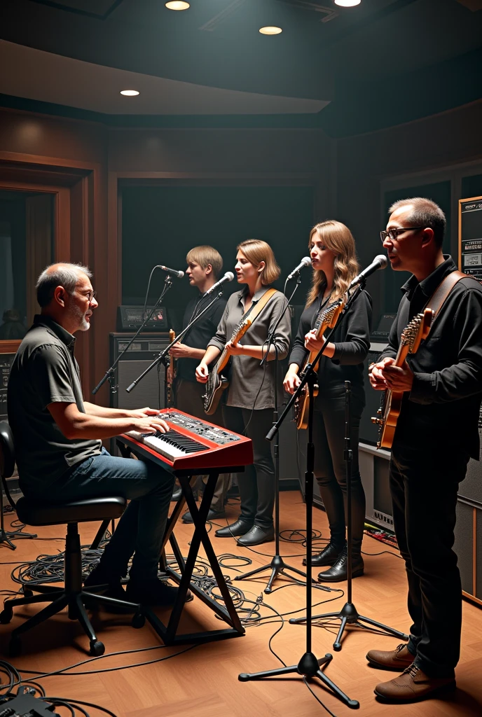 (photorealism:1.2), A male keyboardist, a male drummer, a male bassist, and three female singers on choir playing in a control room of a professional recording studio, where you can see the console and monitors.