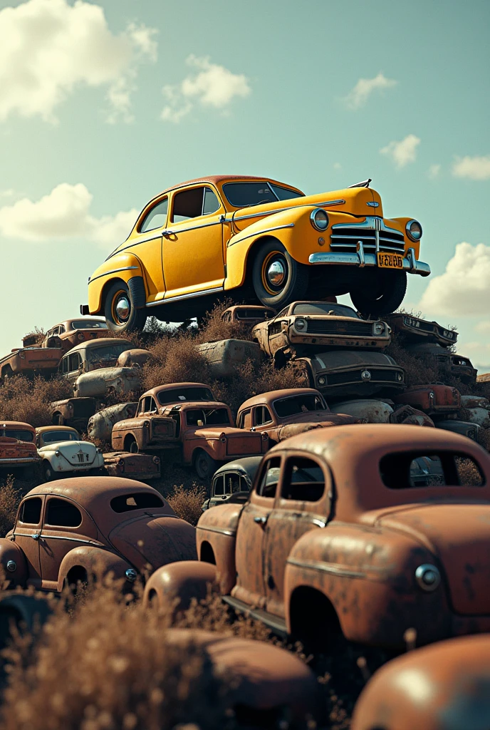 old yellow 1947 ford deluxe coupe on top of a mountain of old cars in a junkyard