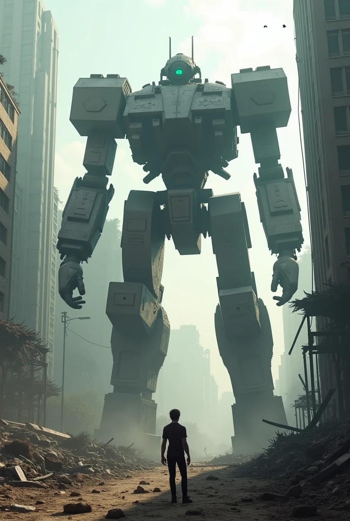 A post-apocalyptic metropolis sprawls out in ruins, crumbling skyscrapers and twisted metal debris scattered amidst a desolate wasteland. A colossal mecha towers above the devastation, its imposing form casting long shadows across the barren landscape. The once-thriving city now lies still, with only the eerie silence broken by the distant hum of machinery and the faint glow of radioactive fallout.