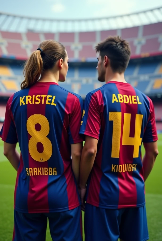 Woman and man from behind looking forward wearing the original Barcelona shirts with the numbers 8 and 14 with the names Kristel and Abdiel with the girl's hair tied to one side and jeans in a football stadium and the man without a beard