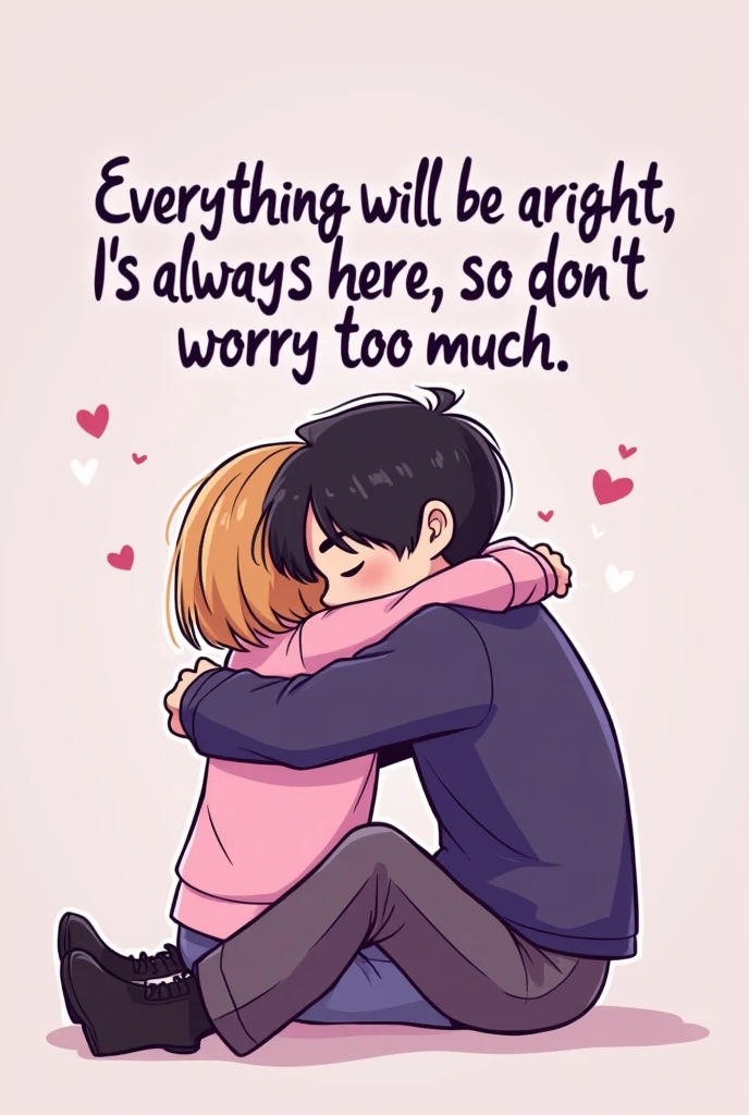 cartoon drawing of bts suga hugging army and the message: Everything will be alright, I'm always here, so don't worry too much. perform in purple colors