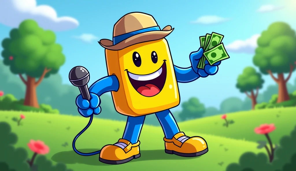 Make a yellow and blue Roblox human noob, holding a microphone in his right hand smiling and with a wad of money in his left hand, All drawn in cartoon style and very colorful and eye-catching, in a 800x800 pixel format, and has a green meadow in the background 
