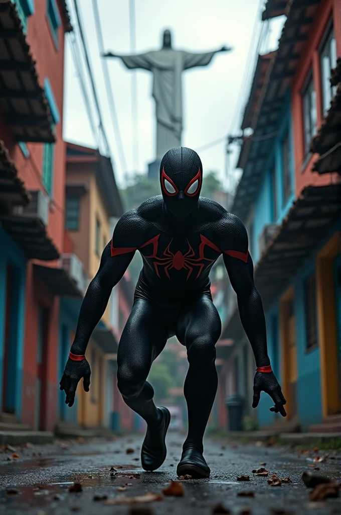 Video of Spider-Man wearing black clothes in the favela, in the background Christ