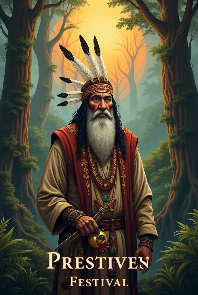 Design an image for a traditional indigenous festival logo with the theme "the feelings of our dead and the knowledge of our elders". The image should reflect respect and cultural connection with ancestors and the wisdom of the elders..  
Includes representative cultural elements, How can you use sacred feathers?, sacred trees, icons of wisdom.
Use an earth color palette that includes [ochres, Deep greens, brown]. Colors should evoke a sense of spiritual and cultural connection.
The typography must be [traditional and elegant/Inspired by indigenous writing], includes the text of XXIV ESTIVAL JIZCA CHIA ZHUE . Make sure it is legible and respectful.