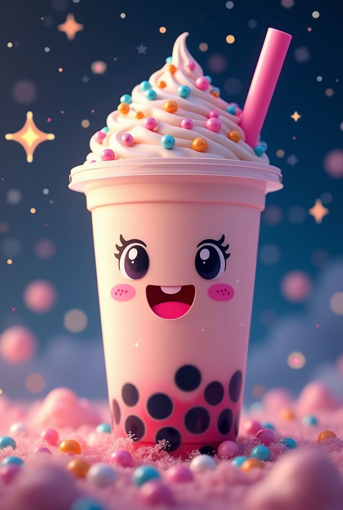 Make me a bobba drink with a happy face and stars in the background