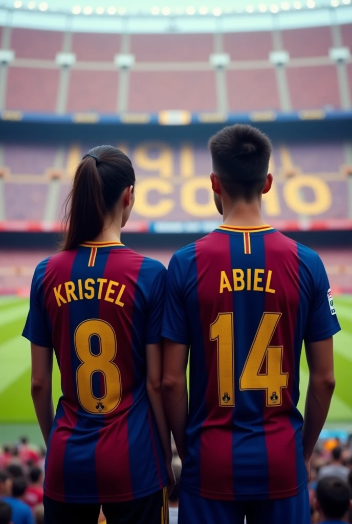 Woman and man from behind looking forward wearing the original Barcelona shirts with the numbers 8 and 14 with the names Kristel and Abdiel with the girl&#39;s hair tied to one side and jeans in a football stadium and the man without a beard 