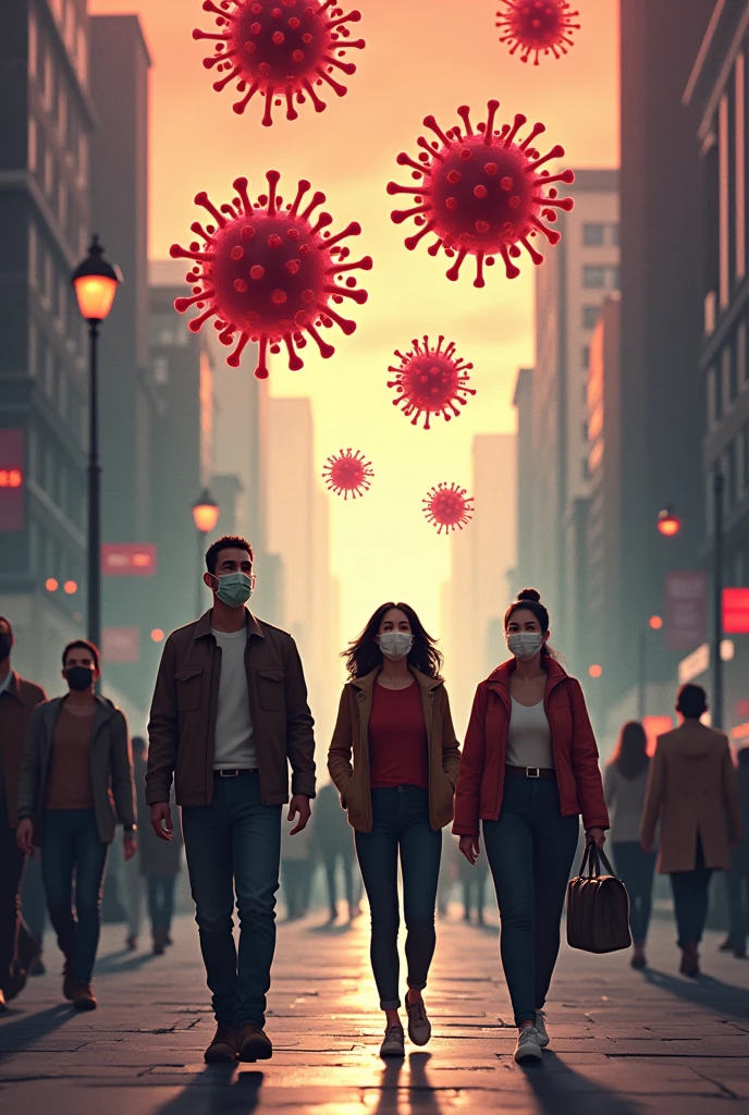 People walking down the street wearing masks and above the image detailed symbols of the coronavirus in a reddish color, People who walk normally. People of all white race, black and brown, more people

