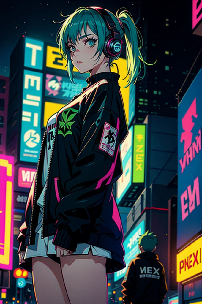 Anime girl with green hair and headphones standing in front of a graffiti wall, Cyberpunk Art Inspired by Harumi Hironaka, Trending on pixiv, Street art, Cyberpunk Anime Girl, Anime girl with blue hair, anime feelings, Cyberpunk Anime Art, Cyberpunk Digital Art - Anime, Modern Anime Style, Cyberpunk Anime Art, Anime style artwork, female Cyberpunk Anime Girl, Cyberpunk Street Wear