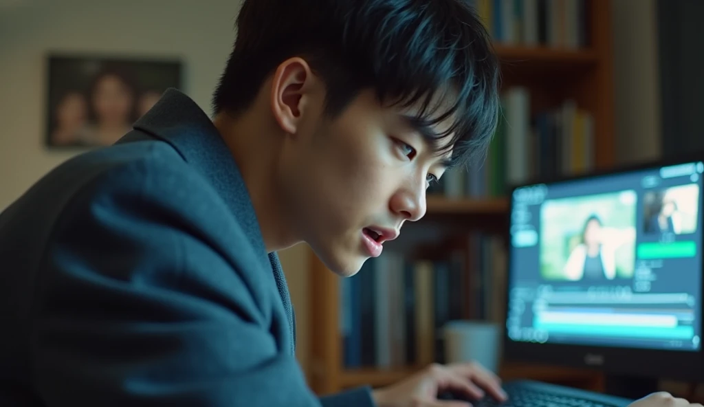 A Japanese male college student wearing fashionable clothes is editing a video on an LCD screen with a bright expression,Excited, Photo of your face, A room with a bookshelf in the background, with a natural look, With a slightly tired look, tilt your face a little, Diagonal orientation, Average face