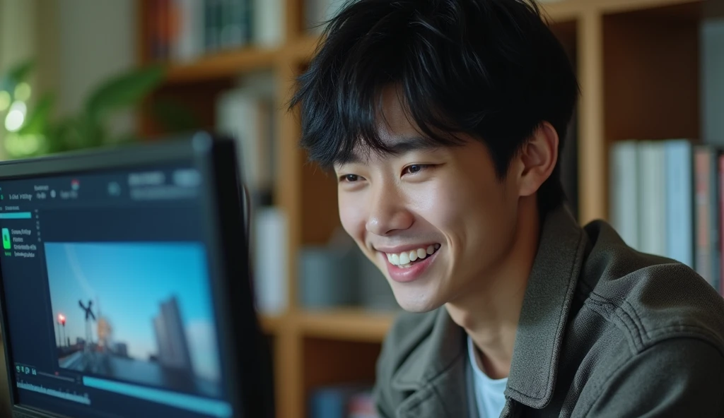 A Japanese male college student wearing fashionable clothes is editing a video on an LCD screen with a bright expression,Excited, Photo of your face, A room with a bookshelf in the background, with a natural look, With a slightly tired look, tilt your face a little, Diagonal orientation, Average face