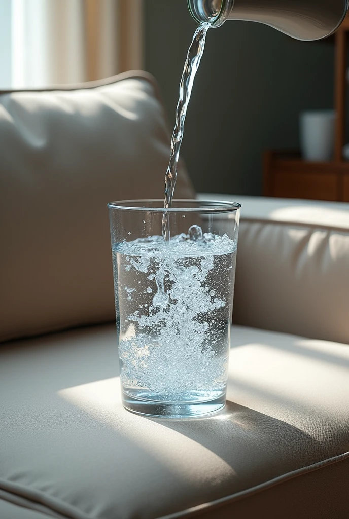 a glass pouring water on a waterproofed sofa